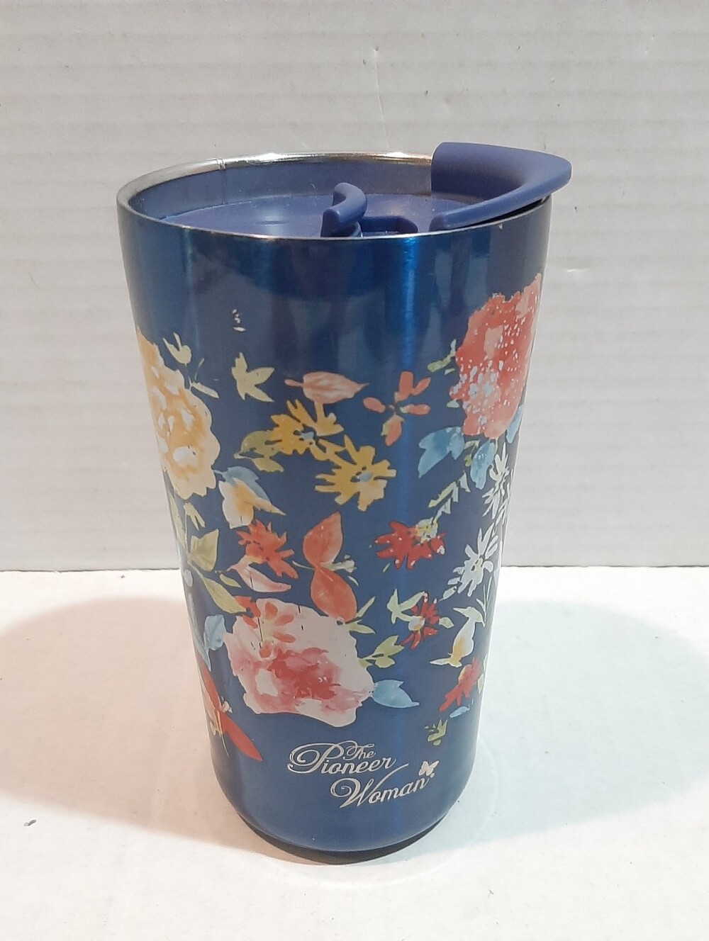 The Pioneer Woman 16oz Blue Vintage Floral Stainless Steel Travel Tumbler Mug